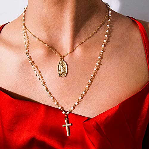 itianxi Dainty Cross Charm Pendant Necklaces,14K Gold Tiny Three Ball Necklace,Simple Fashion Jewelry for Women - color: pearl cross