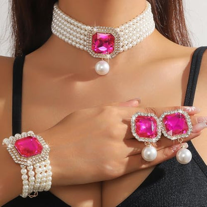 Fashion Bride Silver Black Green Bridal Layered Rhinestone Crystal 1920s Faux Pearls Necklace Earrings Bracelet Set Crystal Wedding Jewelry Set Rose Red Square Choker Necklace for Women - color: Rose Red