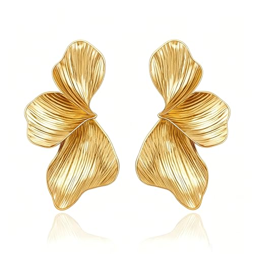 OGD Chunky Gold Statement Earrings For Women Trendy Gold Plated Sectored Flower Leaf Angel Wing Earrings Large Stud Jewlery Hypoallergenic - color: Flower-Gold