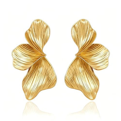 OGD Chunky Gold Statement Earrings For Women Trendy Gold Plated Sectored Flower Leaf Angel Wing Earrings Large Stud Jewlery Hypoallergenic - color: Flower-Gold
