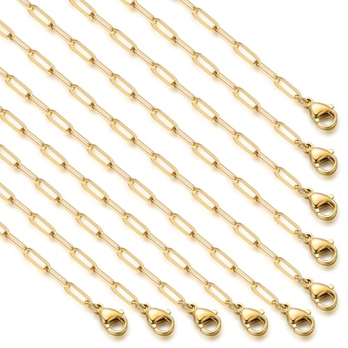 10PCS Gold Paperclip Chain Bulk Stainless Steel Necklace forJewelry Making | 3MM 24 Inches 18K Gold PVD Plated Finished Cable Link Chain Bulk for DIY Necklace Crafts