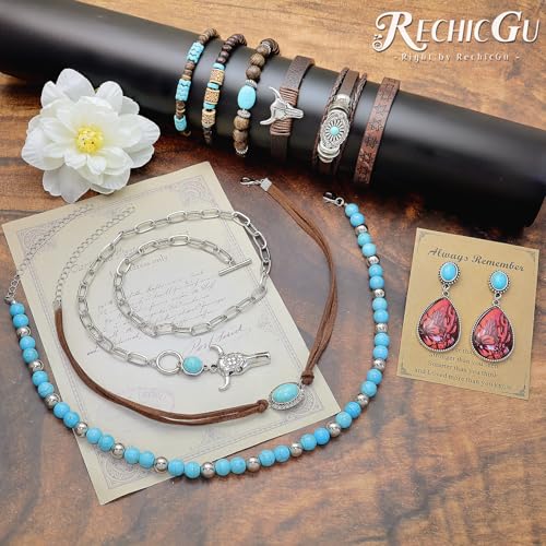 RechicGu Western Jewelry For Women Bohemian Turquoise Dangle Earrings Necklace Bracelet Set, Bullhead Pendant Layered Choker Boho Faux Leather Wristband Country Concert Cowgirl Accessories - color: Jewelry Set D