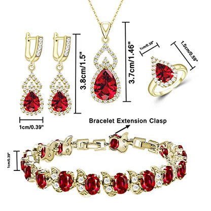 LMXXVJ Women Jewelry Set Platinum Plated Necklace Open Ring Earrings Bracelet Set,Birthday/Anniversary Mother’s Day Jewelry Gifts for Mom/Wife/Sister/Best Friend - color: Yellow Gold-Garnet
