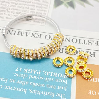 100pcs Large Hole Rhinestone Spacer Beads 10mm Gold Plated Czech Crystal Rhinestone for DIY Jewelry Making Charms Bracelet (Gold) - color: Gold