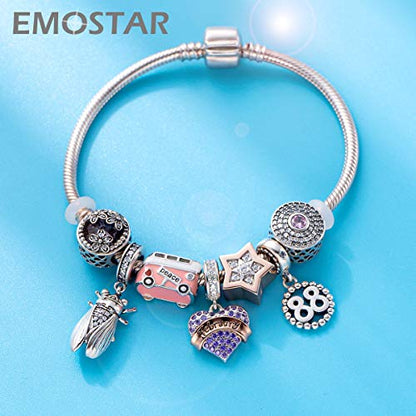 EMOSTAR Jan-Dec Birthstone Charms fits European Birthday Bracelet, Dangle 925 Sterling Silver Heart Shaped Pendant with 12 Months Birthstones, Gifts for Mom/Women - color: February Birthstone