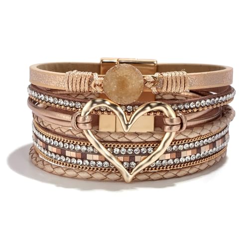 Heart Leather Bracelets for Women Chunky Warp Bracelet Western Boho Vintage Jewelry Country Concert Outfits - color: A6：rose gold leather warp bracelet
