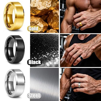 EIELO Stainless Steel Rings for Men Wedding Ring Cool Simple Band 8MM Width 12 Pcs A Ring Set Size 7-12