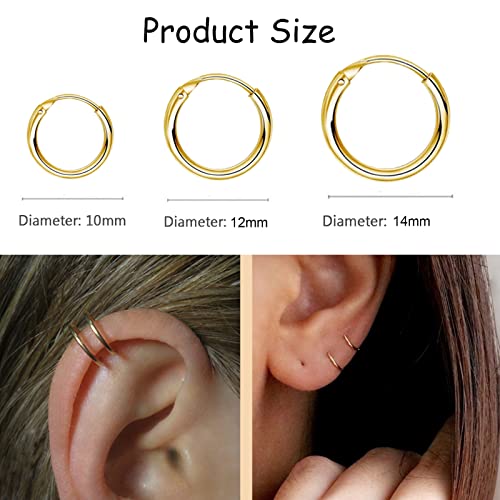 EPIRORA Silver Hoop Earrings- Cartilage Endless Small Hoop Earrings Set for Women Men, 3 Pairs of Hypoallergenic 925 Sterling Silver Tragus Earrings Nose Lip Rings - color: 3 Pairs(10/12/14mm)-Gold