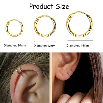 EPIRORA Silver Hoop Earrings- Cartilage Endless Small Hoop Earrings Set for Women Men, 3 Pairs of Hypoallergenic 925 Sterling Silver Tragus Earrings Nose Lip Rings - color: 3 Pairs(10/12/14mm)-Gold