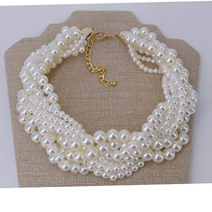 utop JNF Hand made Pearl Statement Necklace for Women Rhinestone Multilayer Crystal Necklaces Chunky Pearl Necklace Large Pearl Necklace and Earrings Set for Mother Mom's gift - color: white pearl choker necklaces
