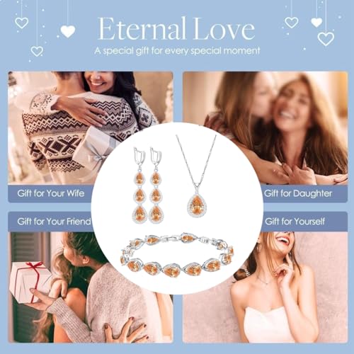 LMXXVJ Necklace Long Earrings Bracelet Set, White Gold Plated Created Blue Sapphire Jewelry Set Wedding Party Gift Jewelry for Women Bridal Bridesmaid - color: Champagne