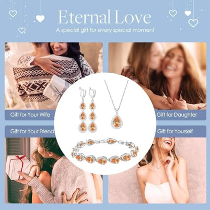 LMXXVJ Necklace Long Earrings Bracelet Set, White Gold Plated Created Blue Sapphire Jewelry Set Wedding Party Gift Jewelry for Women Bridal Bridesmaid - color: Champagne