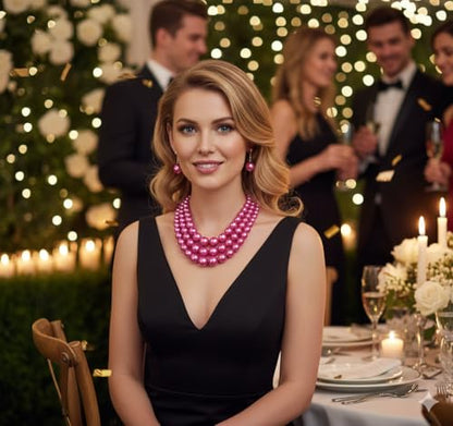 Fashion 21 Women's Faux Pearl Three Multi-Strand Statement Necklace and Earrings Set - color: Hot Pink