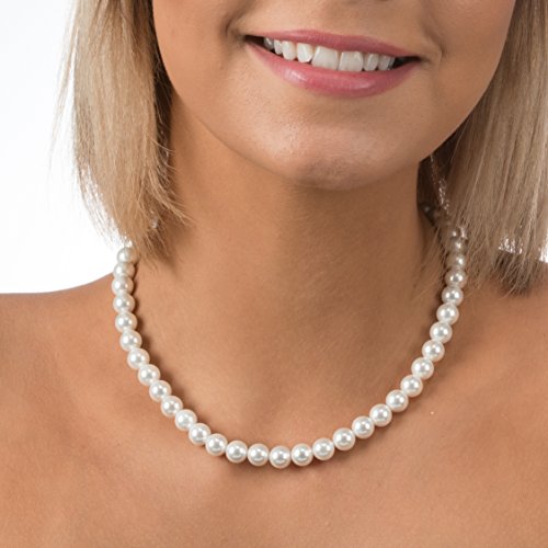 PAVOI 925 Sterling Silver Round Simulated Shell Pearl Necklace Strand | Pearl Choker Necklace | Jewelry for Women - size: 16 Inches, style: 8mm