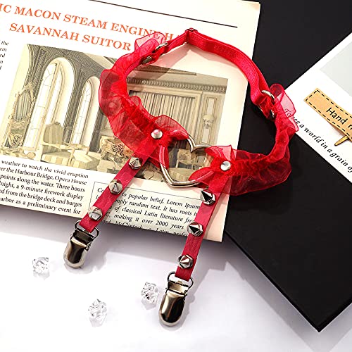 Eigso Velvet Gothic Garter for Women Heart Leg Ring with Rivets Elastic Lace Bracelets Choker Set - color: Red