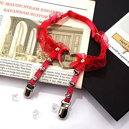 Eigso Velvet Gothic Garter for Women Heart Leg Ring with Rivets Elastic Lace Bracelets Choker Set - color: Red