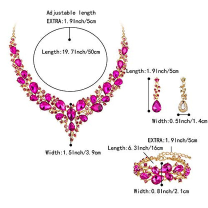 Wedding Bridal Jewelry Set for Women Bride Bridesmaids | Gorgeous Austrian Crystal Teardrop Cluster Statement Necklace Dangle Earrings Link Bracelet Set Prom Jewellery - color: 13-Fuchsia Gold-Plated-Base
