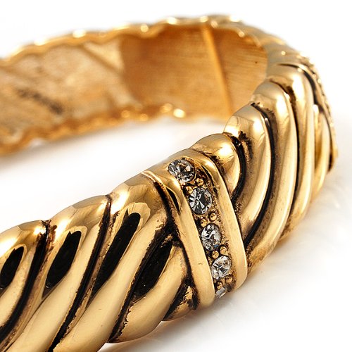 Avalaya Gold Plated Rope -Textured Crystal Hinged Bangle Bracelet