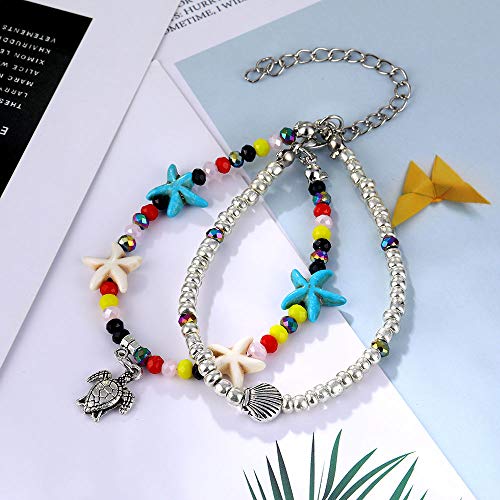 Softones Blue Starfish Turtle Anklet Multilayer Charm Beads Sea Handmade Boho Anklet Foot Jewelry for Women - style: A:Turtle 2