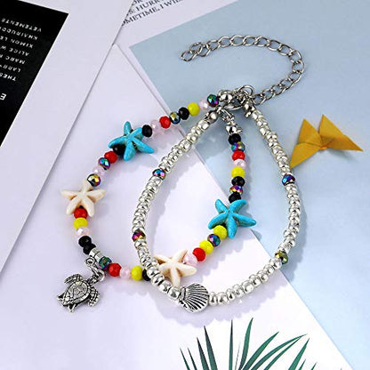 Softones Blue Starfish Turtle Anklet Multilayer Charm Beads Sea Handmade Boho Anklet Foot Jewelry for Women - style: A:Turtle 2