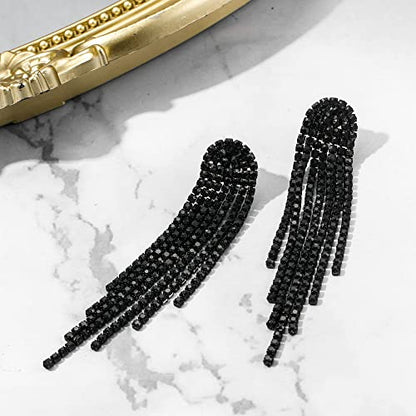 Clip-on Earrings Rhinestone Dangling for Women Fashion Long Chandelier Sparkle Crystal Tassel Dangle Drop Earring - color: Black Black-Tone