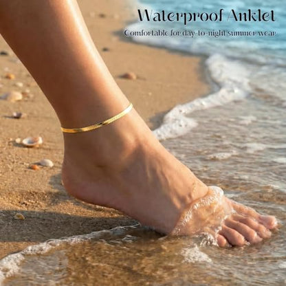 DEARMAY Gold Anklets for Women Waterproof | Non Tarnish14K Gold Plated Ankle Bracelets Set Stack, Summer Beach Jewelry Gifts for Vacation - color: Gold Anklet-P