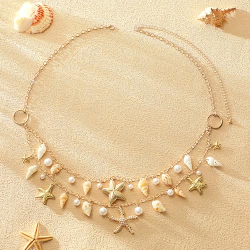 14K Gold Plated Waist Chain for Women Layered Waist Beads Belly Chain Belt, Waterproof Summer Beach Body Jewelry for Bikini, Festival Vacation Accessories for Women - style: Star Shell Pearl