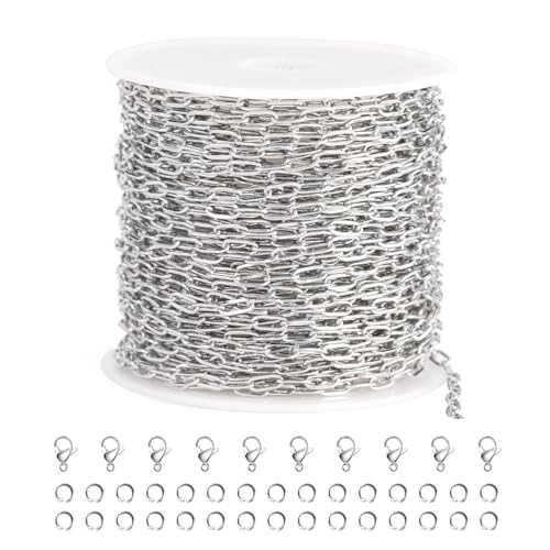 SMYHTGLIF 32.8 Feet Silver Cable Paperclip Jewelry Making Chains Bulk Roll | Stainless Steel Necklace Bracelet Chain with Lobster Clasps and Open Jump Rings for Jewelry Making - color: Silver, size: 2.5×5.3mm