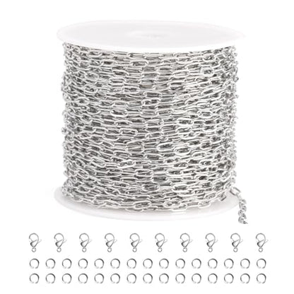 SMYHTGLIF 32.8 Feet Silver Cable Paperclip Jewelry Making Chains Bulk Roll | Stainless Steel Necklace Bracelet Chain with Lobster Clasps and Open Jump Rings for Jewelry Making - color: Silver, size: 2.5×5.3mm