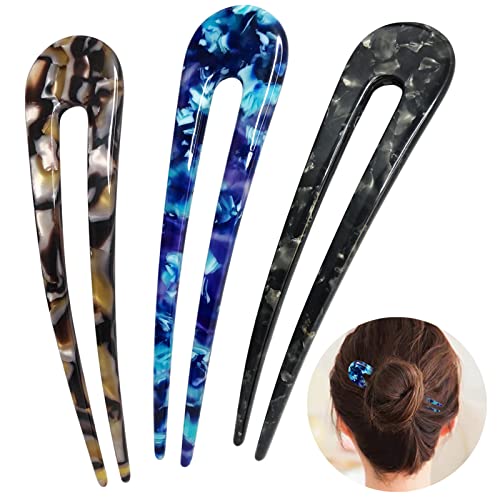 HYFEEL French Hair Forks Tortoise Shell U Shape Updo Hair Pins Clips for Thin Thick Hair, Long Classic 2 Prong Bun Hair Sticks Chignon Women Vintage Hairstyle Accessories, 3 Pack (Blue Brown Black) - color: Blue, Brown, Black