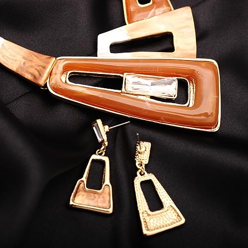 SFE Irregular Enamel Triangle Shape shell Collar Bib Bohemian Boho Statement Necklace Earrings Fashion Costume Jewelry Set for Women - color: Champagne-Gold Plated