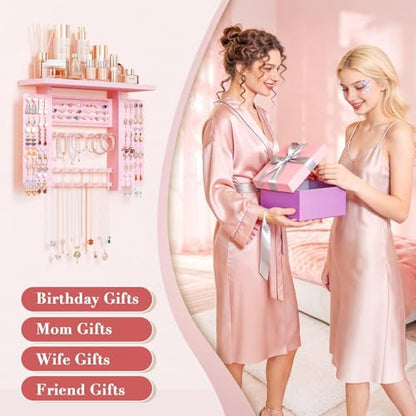 Emfogo Jewelry Organizer Hanging Wall Mounted Jewelry Holder, 5-in-1 Large Capacity Wood Necklace Organizer Wall Display for Ring, Necklaces, Bracelets, Earrings (Pink) - color: Pink