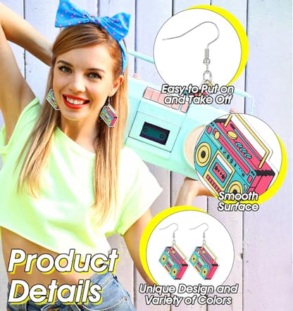 3Pairs 80s Earrings for Women Retro, Retro Cassette Tape Hoop 80s Earrings for Women, Lightweight Acrylic Dangle Earring for Costume & Party (Candy Colors)
