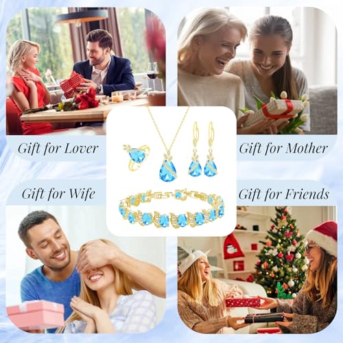GZWHD Jewelry Set for Women CZ Earrings Necklace Ring Bracelet Set Prom Party Wedding Jewelry Gift for Mother Friend Wife - color: Gold-Sky Blue