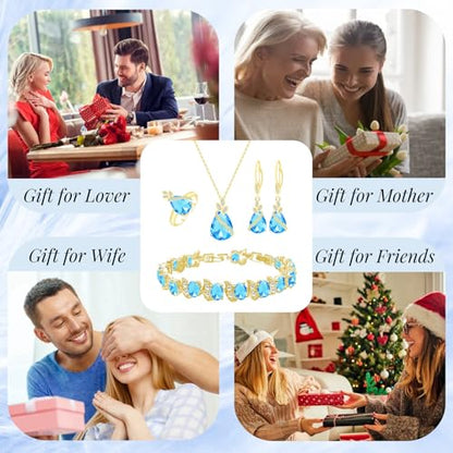GZWHD Jewelry Set for Women CZ Earrings Necklace Ring Bracelet Set Prom Party Wedding Jewelry Gift for Mother Friend Wife - color: Gold-Sky Blue