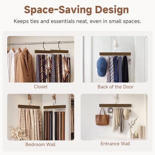 StorageWorks Tie Hanger with 20 Swivel Hooks, 2 Pack Wooden Hanger, Walunt | Sturdy Walnut Tie Wooden Hanger with 180° Swivel Hooks, Space Saver Rack for Ties, Belts, Scarves in Closet - color: Walnut
