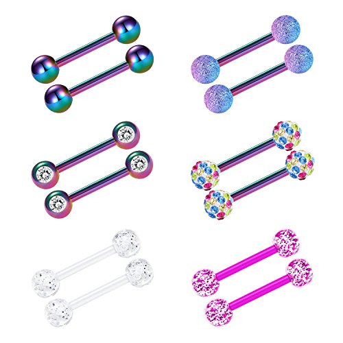 VCMART 12mm-18mm 14G Tongue Rings Nipple Straight Barbells Surgical Steel Body Piercing Jewelry - style: Style E2 -12pcs, rainbow