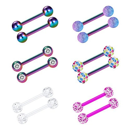 VCMART 12mm-18mm 14G Tongue Rings Nipple Straight Barbells Surgical Steel Body Piercing Jewelry - style: Style E2 -12pcs, rainbow