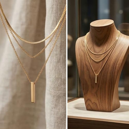 Bohemian Layered Necklace for Women – 3-Layer Dainty Stacked Pendant Necklace with Snake Chain, Ribbed Chain & O-Chain, Trendy Multi-Strand Gold Jewelry for Everyday Casual, Party & Vacation