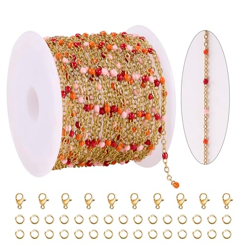 KYUNHOO 16.4FT Gold Plated Stainless Steel Enamel Jewelry Making Chain Roll | Colorful Beaded Chain Links for Jewelry Crafts Making with Lobster Clasps Jump Rings - color: gold-red orange