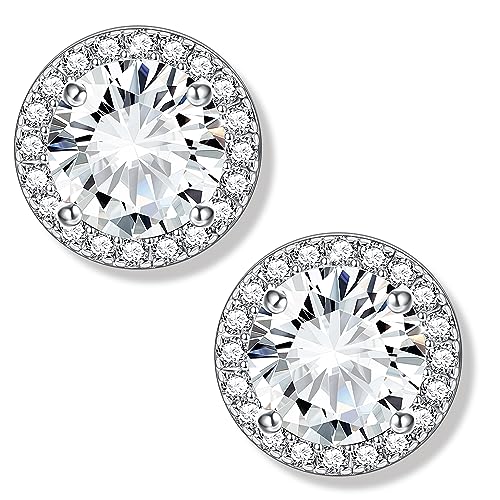 MILACOLATO Cubic Zirconia Stud Earrings 18K White Gold Plated Sterling Silver Post Birthstone Earrings 10MM Round Simulated Diamond Halo Studs Dance Competition Earrings for Women Hypoallergenic, Clear CZ