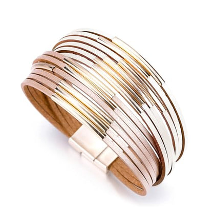 Fesciory Leather Wrap Bracelets for Women, Boho Western Layered Jewelry | Layered leather cuff bracelets, Easy on and off, Boho western style, Daily wear, Gift for women - color: Champagne 1