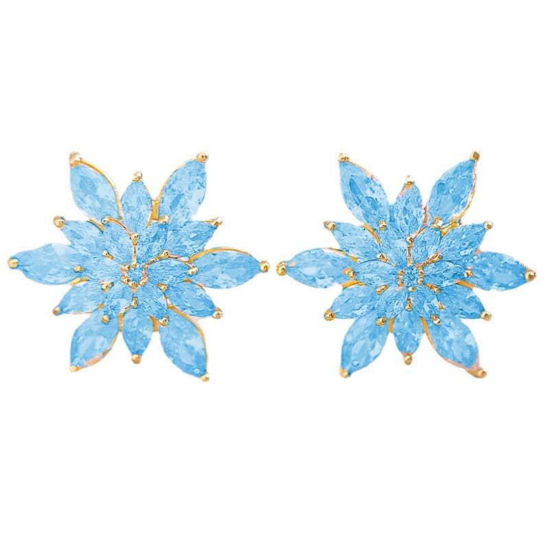 Crystal Flower Burst Stud Earrings Elegant Hypoallergenic Large Big Sparkly CZ Cubic Zirconia Rhinestone Earrings Bridal Wedding Party Prom Costume Jewelry for Women Birthstone Birthday Gift - color: Blue