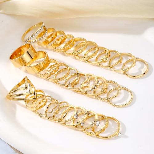 Golden Knuckle Rings Set for Women, 14k Golden Plated Open Stacking Knuckle Midi Rings Dainty Cubic Zirconia Crystal Simple Hollow Cute Rings Pack Jewelry Gifte - color: Golden 30PCS