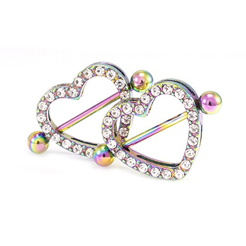 14G Stainless Steel CZ Paved Heart Nipple Rings Nipple Piercing Jewelry for Women 7/8 Inch 22mm - color: Rainbow - Clear CZ