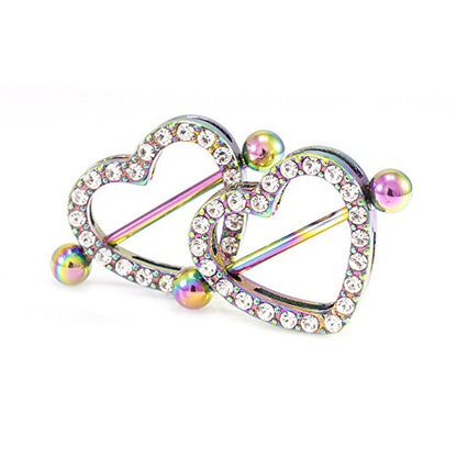 14G Stainless Steel CZ Paved Heart Nipple Rings Nipple Piercing Jewelry for Women 7/8 Inch 22mm - color: Rainbow - Clear CZ