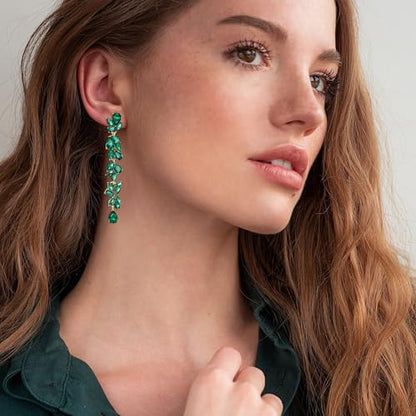 Crysdue Clip On Earrings for Women Rhinestone Crystal Teardrop Cluster Wedding Bridal Non Pierced Long Dangle Earring for Prom Party - color: Green Gold-Tone