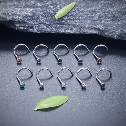 Ruifan ASTM F136 Titanium Nose Rings 18G 20G 22G Jeweled Mix Color Cubic Zirconia Nose Studs Ring Screw L-Shaped Bone Hypoallergenic Body Piercing Jewelry for Women 1.5mm 2mm 2.5mm 3mm 10PCS - style: Screw:18G(1.0mm)-2mm CZ