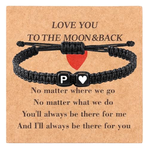 Valentines Day Gifts for Him Her Heart Love Letter Initial Matching Couple Bracelets for Women Men Teen Gifts Best Friend Graduation Birthday Gifts A-Z Braided Bracelet Son Daughter Dad Jewelry - color: Black-P