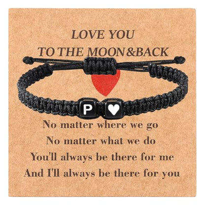 Valentines Day Gifts for Him Her Heart Love Letter Initial Matching Couple Bracelets for Women Men Teen Gifts Best Friend Graduation Birthday Gifts A-Z Braided Bracelet Son Daughter Dad Jewelry - color: Black-P